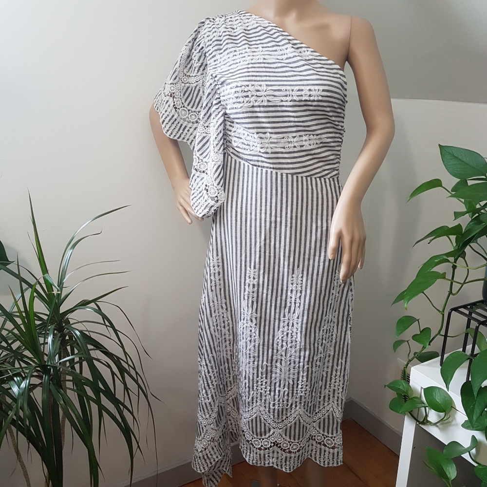 Venus Assymetrical One Shoulder Embroidered Stripe Cotton Midi Dress Sz 8 NWT